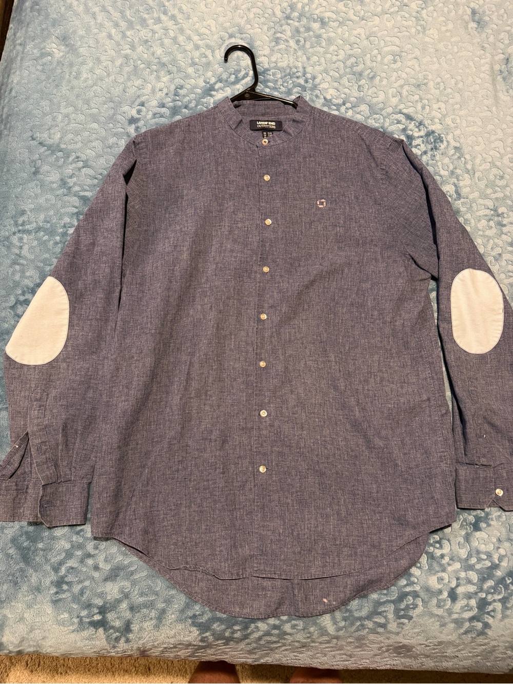Chase Bank Lands End Blue Long-Sleeve Button-Up Shirt with Elbow Patches